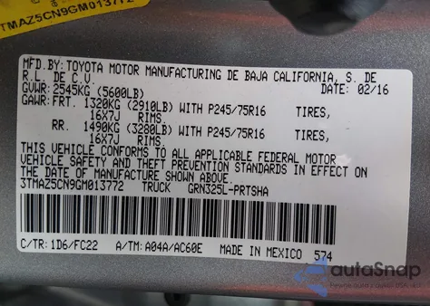 2016 Toyota Tacoma Sr5 V6 z USA, uszkodzony, nr VIN 3TMAZ5CN9GM013772